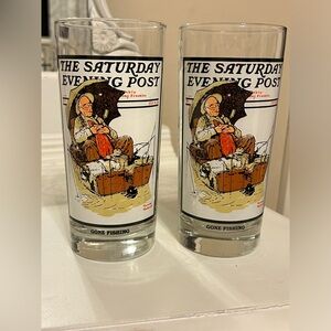 GONE FISHING, Collectible Arbys 1987 Sat  Eve Post Glasses, Norman Rockwell